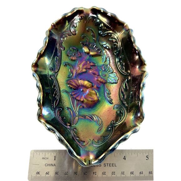 Fenton Carnival Glass Ruffled Oval Dish Marigold Iridescent Floral Pattern 7.5” - Picture 3 of 6